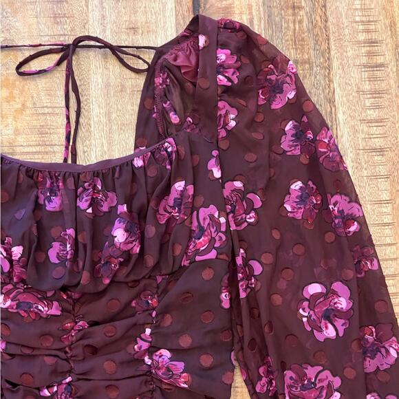 ASTR | Rosalee Floral Mini Dress Small Burgundy Ruched Long Sleeve Dark Romantic - Picture 13 of 16